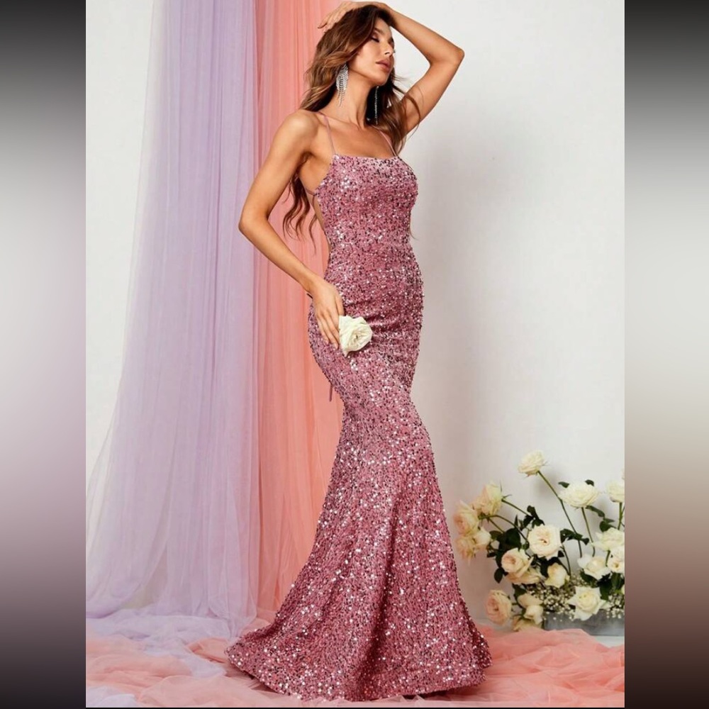 Criss Cross Backless Mermaid Hem Sequin Cami Dress